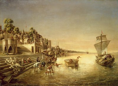 Ansicht von Benares mit Menschen, die im Ganges baden und beten von August Theodor Schoefft